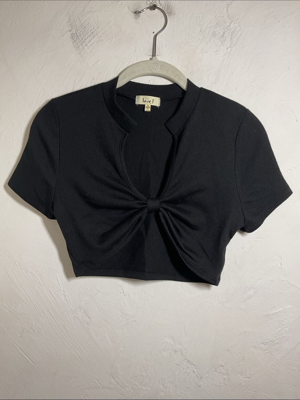 Love J Black Ribbed Keyhole Twist Front Crop Top Short Sleeve Size S
